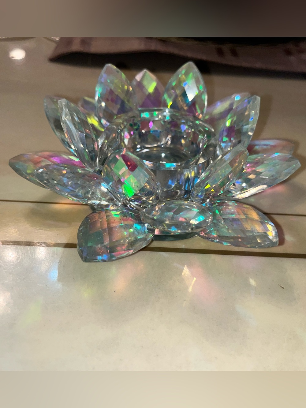 Handblown Art Glass Multi Color Iridescent Ruffled Flower Candle Holder